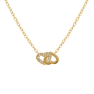 COLLIER ACIER DORÉ DOUBLE COEUR ENTRELACÉ 1 LISSE ET 1 CONTOUR OXYDES BLANCS 38+5CM
