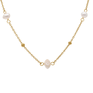 COLLIER ACIER DORÉ PERLE DE CULTURE D'EAU DOUCE  BLANCHE ET BOULES DORÉES 38.5+5CM