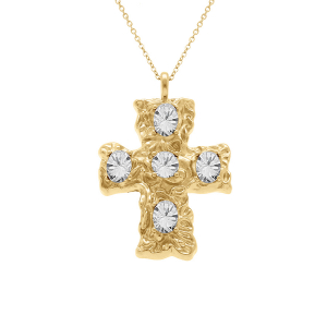 COLLIER ACIER DORÉ CHAINE FORCAT PENDENTIF CROIX 33MM  OXYDES BLANCS 40+10CM