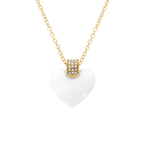 COLLIER ACIER DORÉ PENDENTIF COEUR BOMBÉ CERAMIQUE BLANCHE BELIERE OXYDES BLANC 43.5+5CM