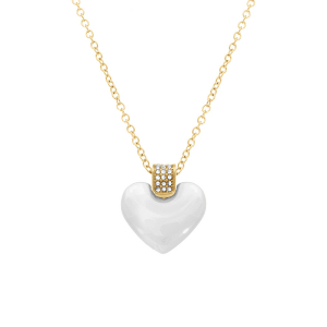COLLIER ACIER DORÉ PENDENTIF COEUR BOMBÉ CERAMIQUE BLANCHE BELIERE OXYDES BLANC 43.5+5CM