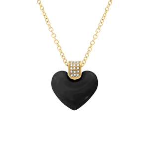 COLLIER ACIER DORÉ PENDENTIF COEUR BOMBÉ CÉRAMIQUE NOIR BELIERE OXYDES BLANCS 43.5+5CM