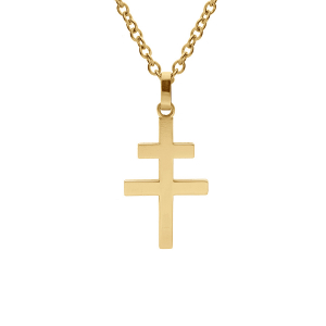 COLLIER ACIER JAUNE PENDENTIF  CROIX DE LORRAINE BRILLANTE 27mmx15.5mm 45+10CM