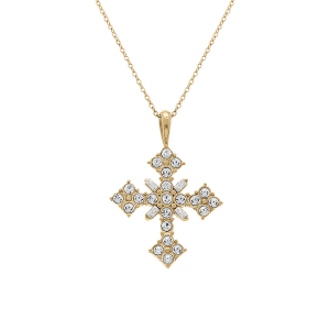 COLLIER ACIER DORÉ CHAINE FORCAT PENDENTIF CROIX STYLISÉ 32MM  OXYDES BLANCS 45+10CM