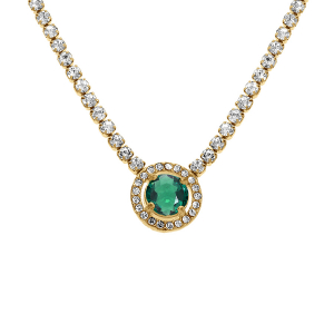COLLIER ACIER DORÉ CHAINE RAIL OXYDES BLANCS SERTIS PENDENTIF ROND OXYDE VERT ET CONTOUR BLANCS 38+5CM