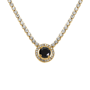 COLLIER ACIER DORÉ CHAINE RAIL OXYDES BLANCS SERTIS PENDENTIF ROND OXYDE NOIR ET CONTOUR BLANCS 38+5CM