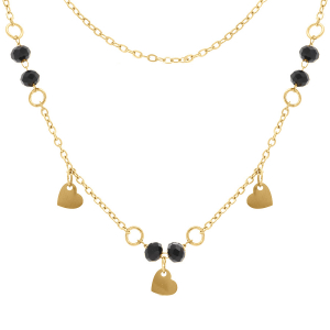 COLLIER ACIER DORÉ 2 RANGS COEURS LISSES ET OXYDES NOIRS FACETÉS 39+5CM