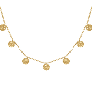 COLLIER ACIER DORÉ PAMPILLE PASTILLES MARTELÉES 39+5CM