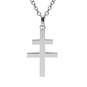 COLLIER ACIER PENDENTIF CROIX DE LORRAINE SATINÉE 30mmx19mm 50+5CM