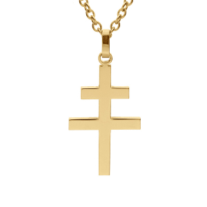 COLLIER ACIER JAUNE PENDENTIF  CROIX DE LORRAINE SATINEE 30mmx19mm 50+5CM