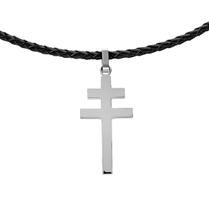 COLLIER ACIER ET CUIR NOIR BOVIN PENDENTIF CROIX DE LORRAINE SATINÉE 50+5CM