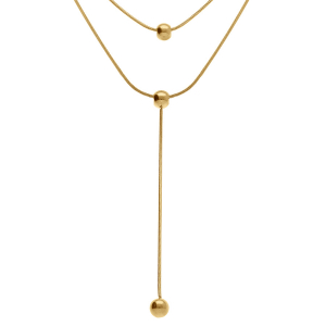 COLLIER ACIER DORÉ 2 RANGS AVEC BOULES 40+5CM