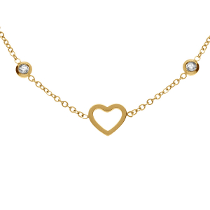 COLLIER ACIER DORÉ COEURS EVIDÉS OXYDES BLANCS SERTIS 39+5CM