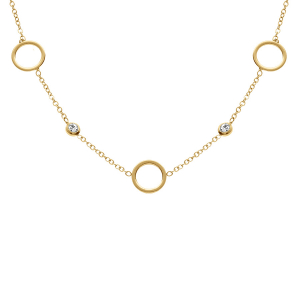 COLLIER ACIER DORÉ CERCLES EVIDÉS ET OXYDES BLANCS SERTIS CLOS 39+5CM