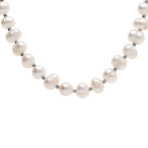 COLLIER ACIER PERLE BLANCHE DE CULTURE D'EAU DOUCE 6-7MM  IRRÉGULIERE 40+10CM