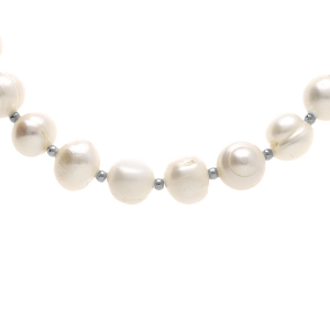 COLLIER ACIER PERLE BLANCHE DE CULTURE D'EAU DOUCE 8-9MM  42+10CM