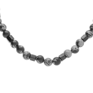 COLLIER ACIER BOULES 6MM OBSIDIENNE NEIGE 45+10CM