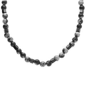COLLIER ACIER BOULES 6MM OBSIDIENNE NEIGE 45+10CM