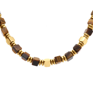 COLLIER ACIER DORÉ OEIL DE TIGRE ET HEMATITE 45+10CM