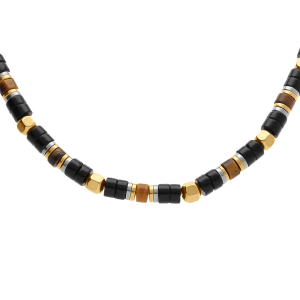 COLLIER ACIER DORÉ OEIL DE TIGRE ET AGATE NOIRE 45+10CM