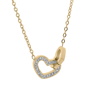 COLLIER ACIER ET PVD DORÉ PENDENTIF DOUBLE COEUR OXYDES BLANCS SERTIS  39+5CM