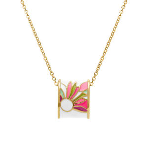 COLLIER ACIER DORÉ JAUNE STELLA MIA  PENDENTIF RECTANGULAIRE FOND RÉSINE BLANCHE FLEUR ROSE ET VIOLET 42+10CM