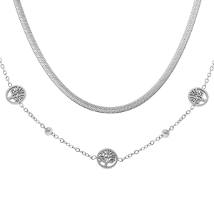 COLLIER ACIER 2 RANGS CHAINE PLATE L'AUTRE BOULES MOTIF ARBRE DE VIE 40+6CM