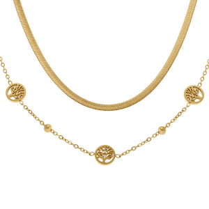 COLLIER ACIER DORÉ 2 RANGS CHAINE PLATE ET L'AUTRE BOULES AVEC MOTIFS ABRE DE VIE 40+6CM
