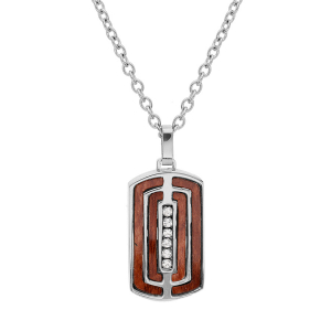 COLLIER ACIER PENDENTIF RECTANGULAIRE ASPECT BOIS MARRON OXYDES BLANCS SERTIS 50+5CM
