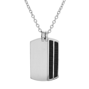 COLLIER ACIER PENDENTIF RECTANGULAIRE 2 BANDES ASPECT CARBONE NOIR 50+5CM
