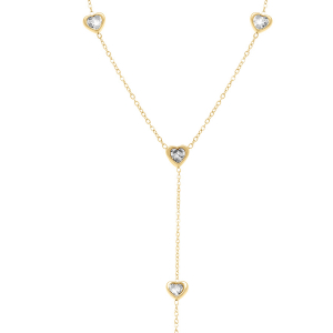 COLLIER ACIER DORÉ CRAVATE COEURS OXYDES BLANCS  40+5CM