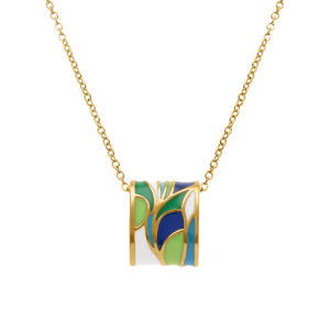 COLLIER ACIER DORÉ JAUNE STELLA MIA  RECTANGULAIRE RÉSINE VERTE ET BLEU  45+10CM