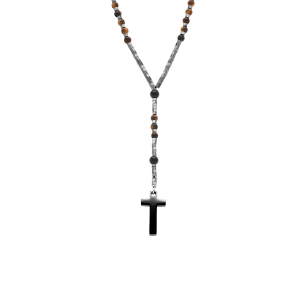 COLLIER ACIER CHAPELET BOULES DIAM ET CROIX 27MM X 15MM PVD NOIR SANS FERMOIR 70CM