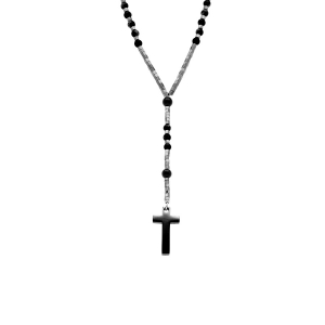 COLLIER ACIER CHAPELET BOULES DIAM ET CROIX 27MM X 15MM PVD NOIR SANS FERMOIR 70CM