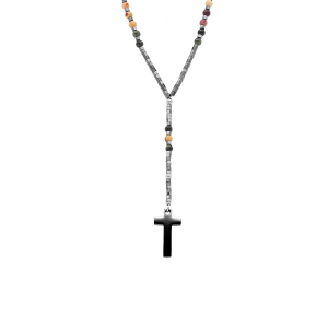 COLLIER ACIER CHAPELET BOULES DIAM ET CROIX 27MM X 15MM PVD NOIR SANS FERMOIR 70CM