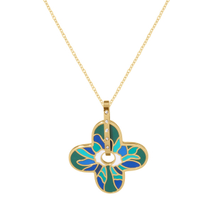 COLLIER ACIER DORÉ STELLA MIA  FORME FLEUR 25MM RÉSINE VERT ET BLEU  45+10CM