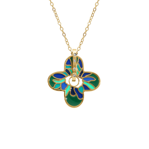 COLLIER ACIER DORÉ STELLA MIA  FORME FLEUR 25MM RÉSINE VERT ET BLEU  45+10CM