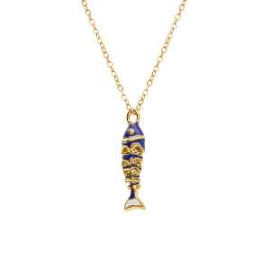 COLLIER ACIER DORÉ PENDENTIF POISSON RÉSINE BLEU 42+5CM