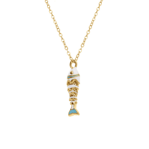 COLLIER ACIER DORÉ PENDENTIF POISSON RÉSINE TURQUOISE ET BLANCHE 42+5CM