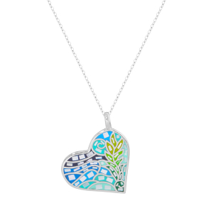 COLLIER ACIER STELLA MIA  FORME COEUR 25MM RÉSINE TON PASTEL BLEU ET VERT  45+10CM