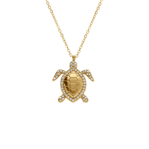 COLLIER ACIER DORÉ PENDENTIF TORTUE OXYDES BLANCS SERTIS  45+5CM