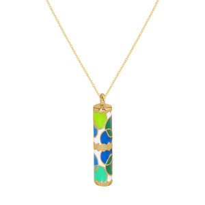 COLLIER ACIER DORÉ STELLA MIA  FORME TUBE 25MM X 5MM  FOND RÉSINE BLANCHE ET ROND RÉSINE VERT BLEU ET JAUNE  45+10CM