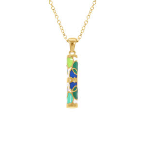 COLLIER ACIER DORÉ STELLA MIA  FORME TUBE 25MM X 5MM  FOND RÉSINE BLANCHE ET ROND RÉSINE VERT BLEU ET JAUNE  45+10CM