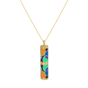 COLLIER ACIER DORÉ STELLA MIA  FORME TUBE 25MM X 5MM  MOTIF ROND RÉSINE MULTI COULEUR   45+10CM