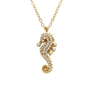 COLLIER ACIER DORÉ PENDENTIF HYPPOCAMPE  OXYDES BLANCS SERTIS  45+5CM