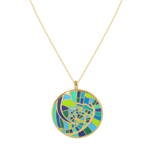 COLLIER ACIER DORÉ STELLA MIA  ROND 25MM RÉSINE BLEU ET VERT  45+10CM