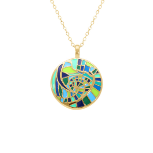 COLLIER ACIER DORÉ STELLA MIA  ROND 25MM RÉSINE BLEU ET VERT  45+10CM