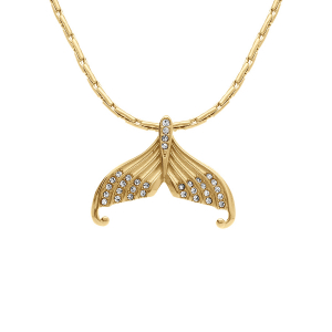 COLLIER ACIER DORÉ PENDENTIF QUEUE DE BALEINE OXYDES BLANCS SERTIS  45+5CM