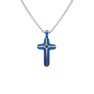 COLLIER ACIER PVD BLEU CROIX 25MM 1 OXYDE BLEU 45+6CM