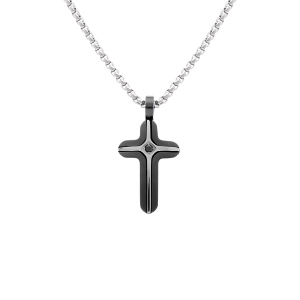 COLLIER ACIER PVD NOIR CROIX 25MM 1 OXYDE BLEU 45+6CM